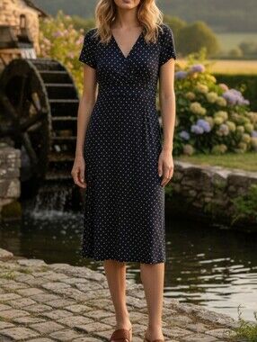 L.L. Bean Navy Polka Dot Wrap-Style Midi Dress